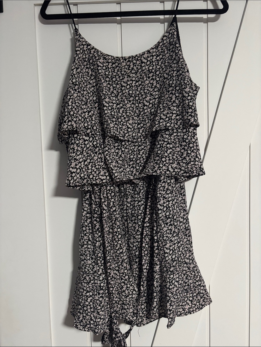 She + Sky Black and White Spaghetti-Strap Tiered Mini Dress